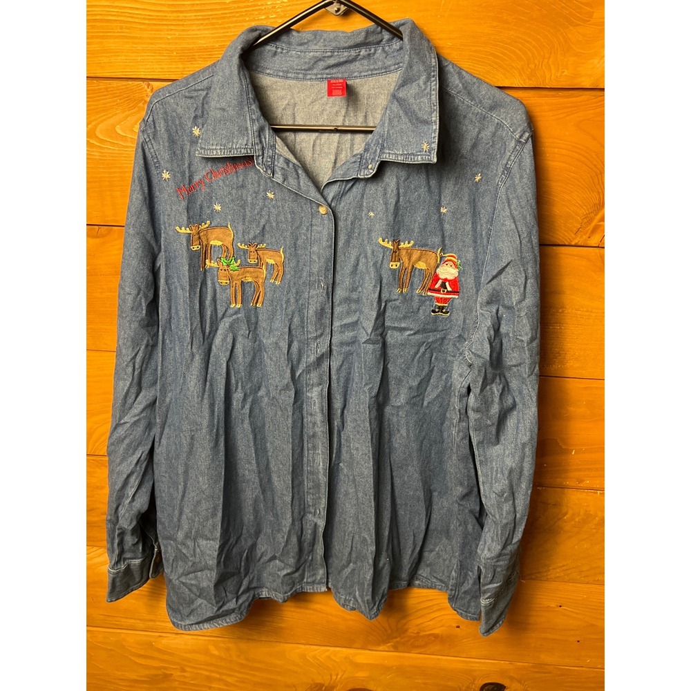 XXL Embroidered Christmas Denim Shirt Santa & Moose Holiday Top Button Down LS
